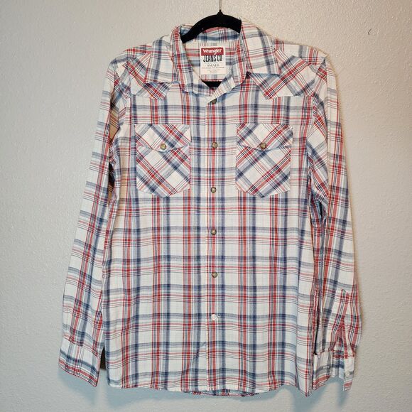 Wrangler Other - Wrangler Jeans Co Mens SM Plaid Long Sleeve Western Shirt Red White Blue Pockets